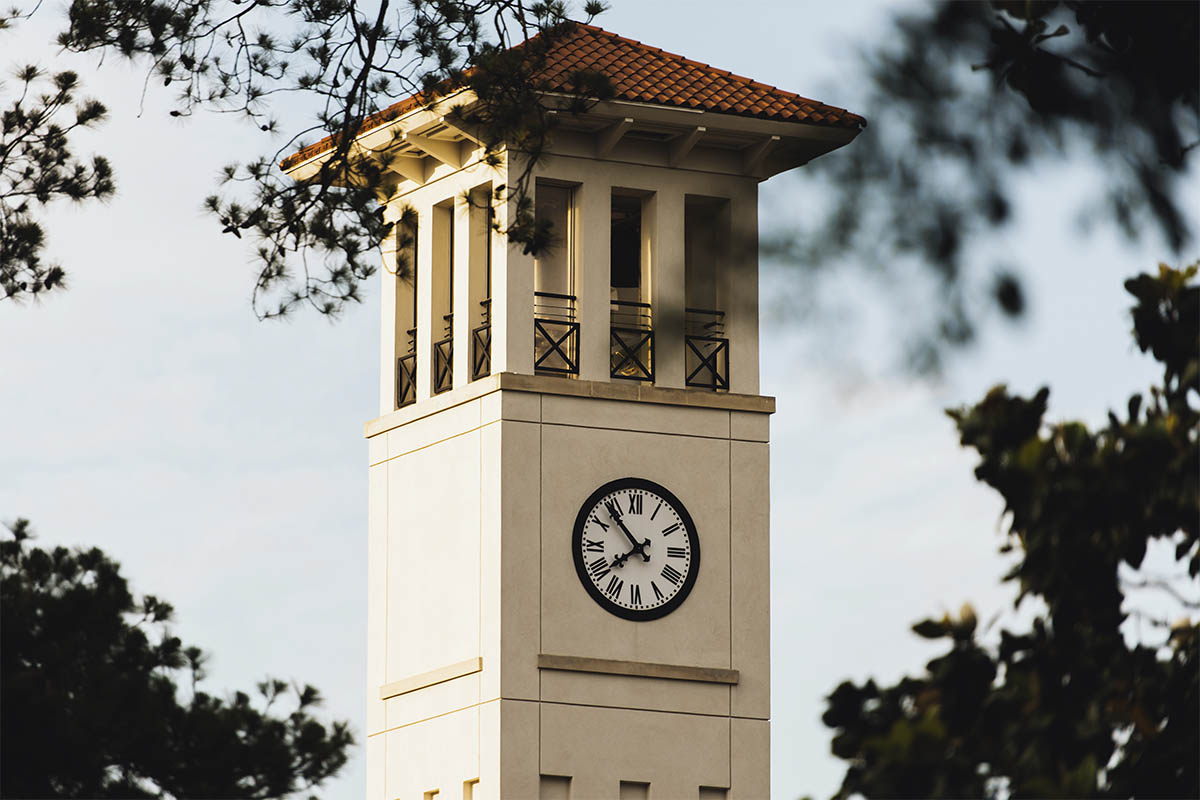close view of clock tower on Emory University campus
