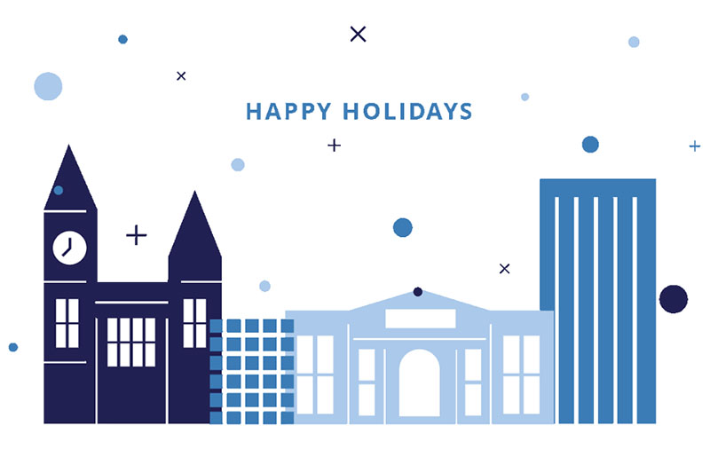 A graphic of the Emory campus with the words Happy Holidays