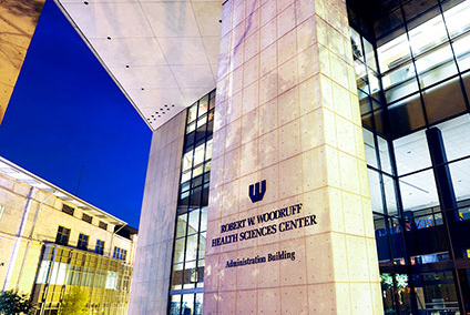 The exterior of the Woodruff Health Sciences Administration Building (WHSCAB) on the Emory University main campus.