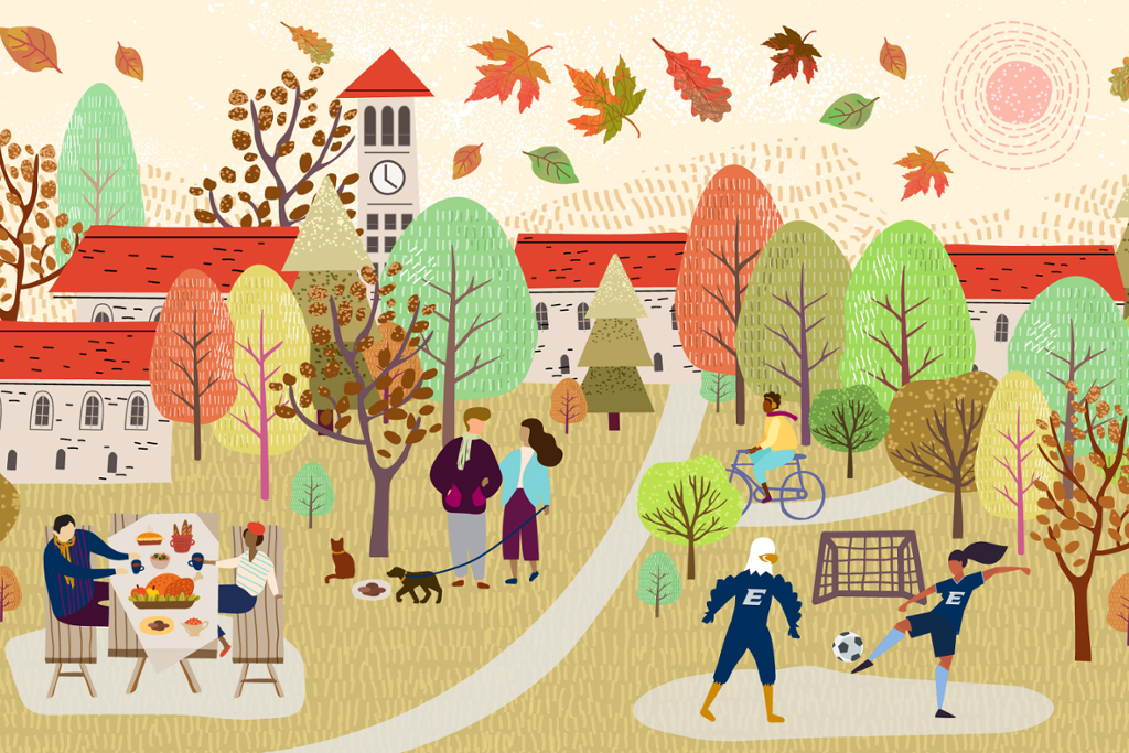 a thanksgiving collage illustration of Emory's campus in the fall