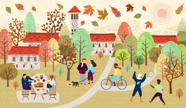 A cartoon rendering of an outdoor Emory campus scene in the fall
